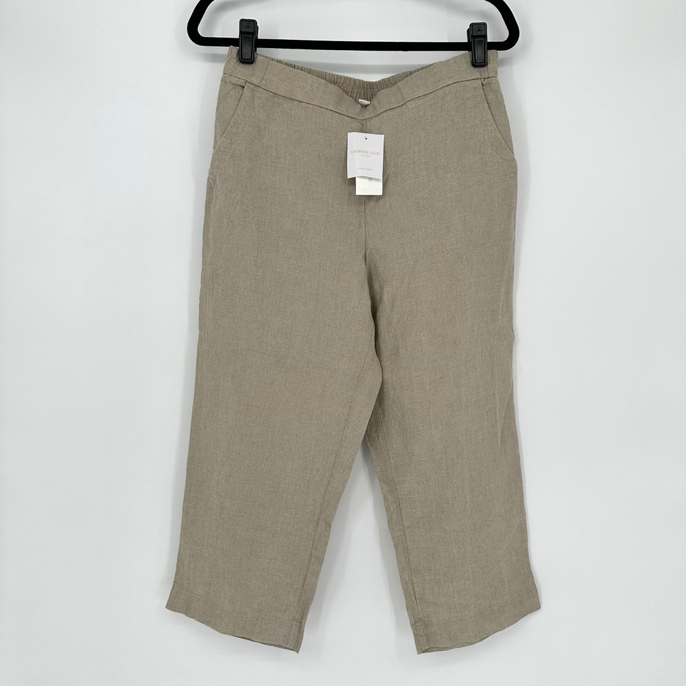 NEW Charter Club Luxury 100% Linen Beige Sand Pull On Pants Cropped Capris PM - Picture 3 of 7